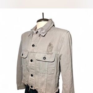 Signature Beige Denim Jacket with Burgundy Tag